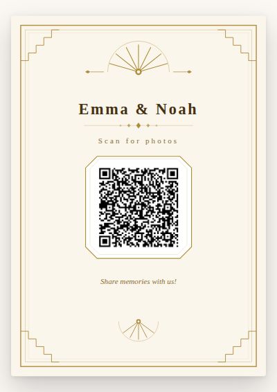 Art Deco printable QR code card design — Geometric gold fan motifs for a 1920s or black-tie evening