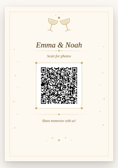Champagne Toast printable QR code card design — Clinking coupes and gold confetti dots