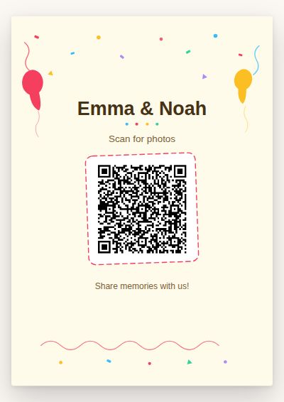 Birthday Pop printable QR code card design — Bright confetti scatter for birthdays and anniversaries
