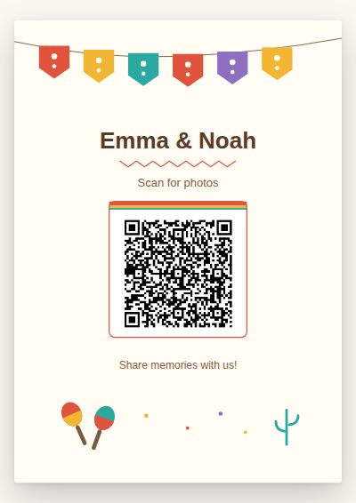 Fiesta printable QR code card design — Papel picado bunting in hot coral and cream