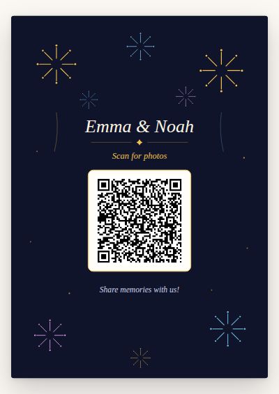 Midnight Fireworks printable QR code card design — Gold fireworks on midnight blue — New Year and gala nights