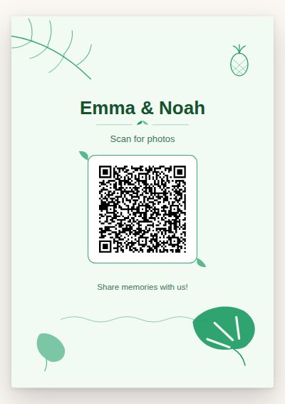 Tropical Party printable QR code card design — Monstera leaves and jungle green for a summer party