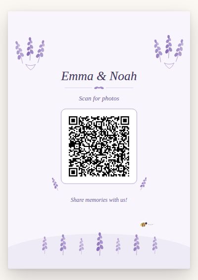 Lavender Fields printable QR code card design — Lavender sprigs on a pale lilac ground