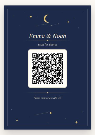 Starry Night printable QR code card design — Deep navy with gold stars, made for an evening reception