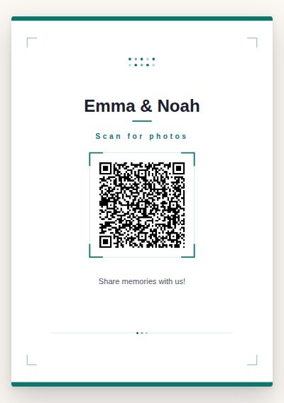Modern Minimal printable QR code card design — Corner brackets, teal rule, nothing else. Reads from across the table
