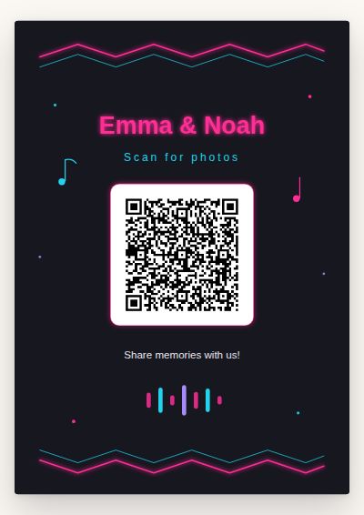 Neon Nights printable QR code card design — Neon pink on near-black, built for a dark dance floor