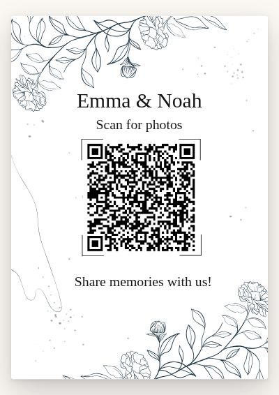 Floral printable QR code card design — Hand-drawn peonies in the corners, ink on white