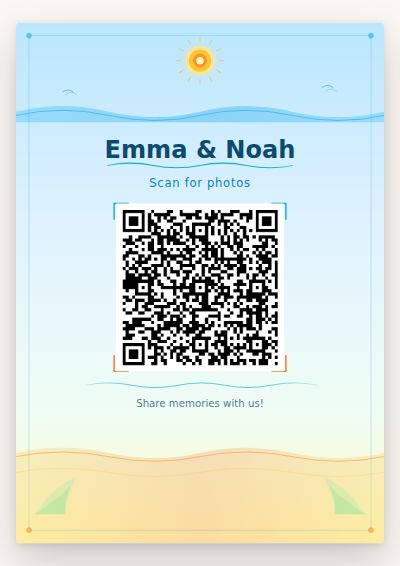 Beach Vibes printable QR code card design — Sky-blue waves for a beach or destination event