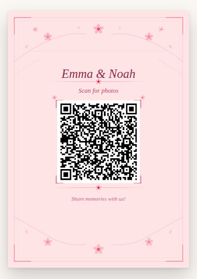 Sakura Dream printable QR code card design — Blush cherry blossom branches on a rose background